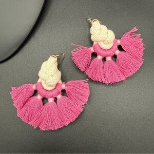 Macrame Handmade Pink Tassel and Off White Knot Dangle Earrings